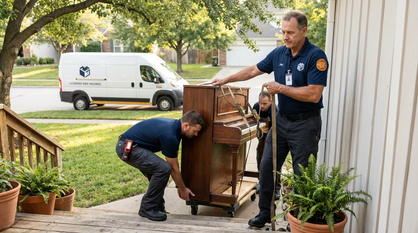 Licensed piano movers securing grand piano in Winchester, VA