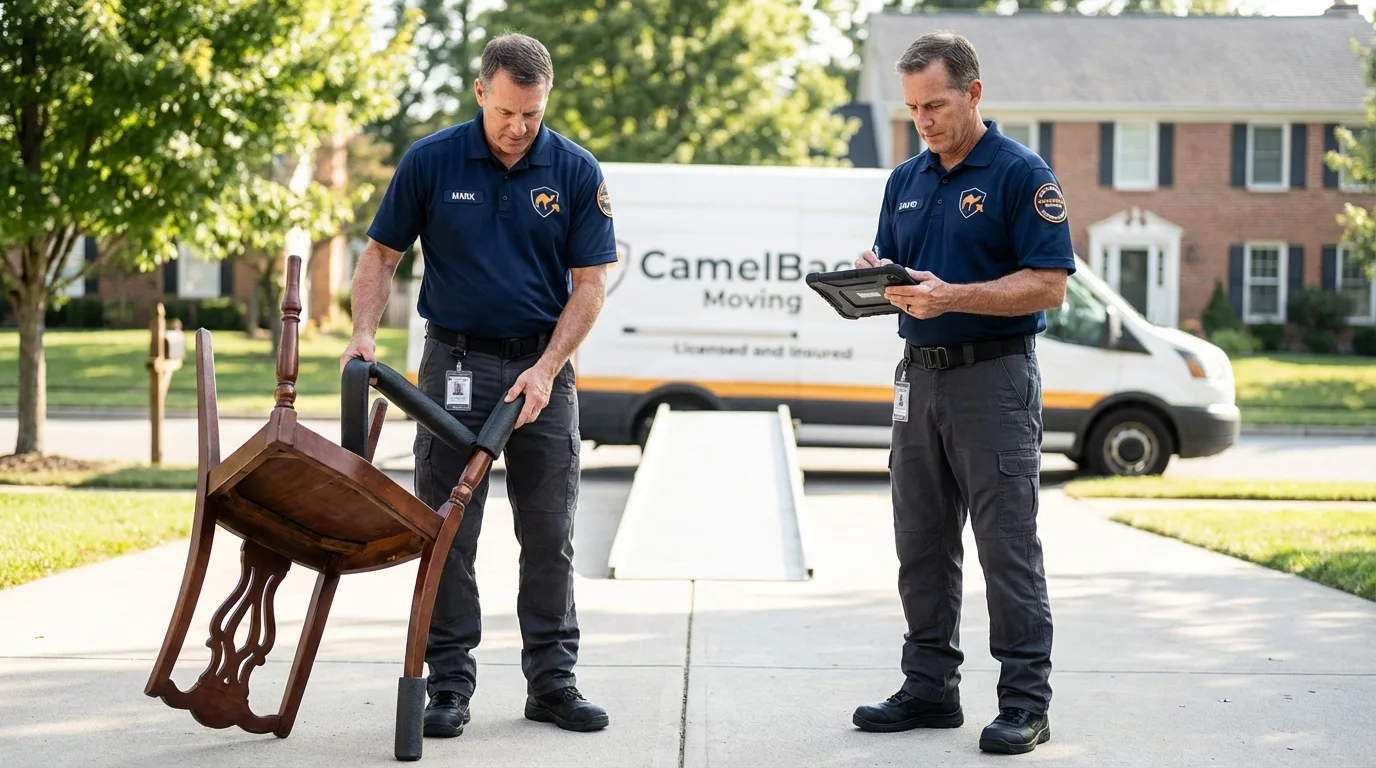 Movers inspecting furniture for damage prevention before loading in Winchester, VA